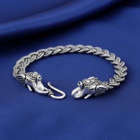 Oxidized Finish Braided Chain Motif Silver Bracelet