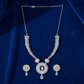 Bezel & Pave Set Silver Necklace Set