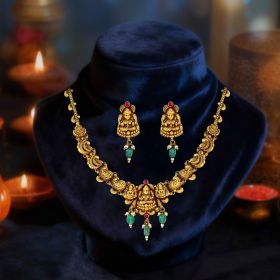 Sculpted Deity motifs Gold Short Temple Necklace Set
