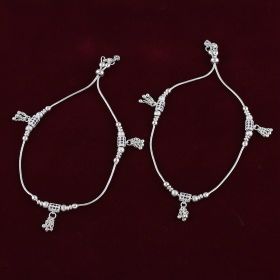 Delicately Beaded Adjustable Silver Payal