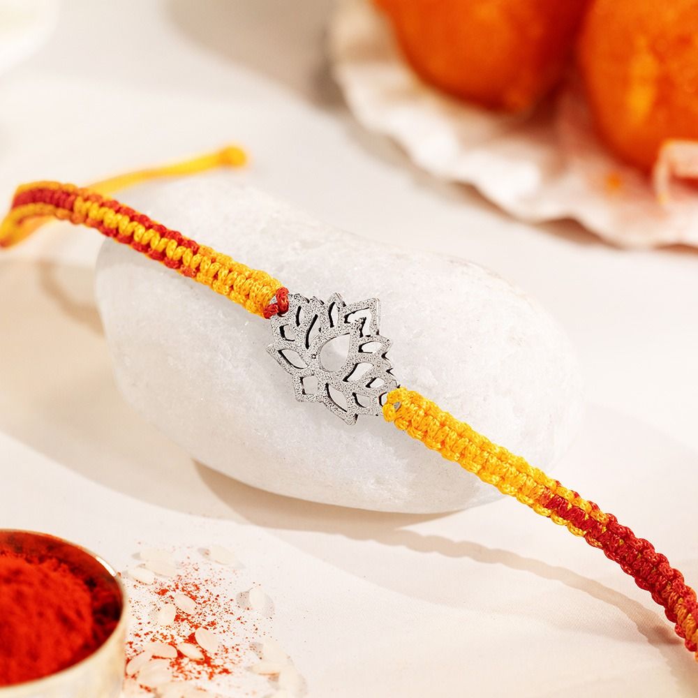 Golden Bond Lotus Design 925 Stamped Silver Rakhi