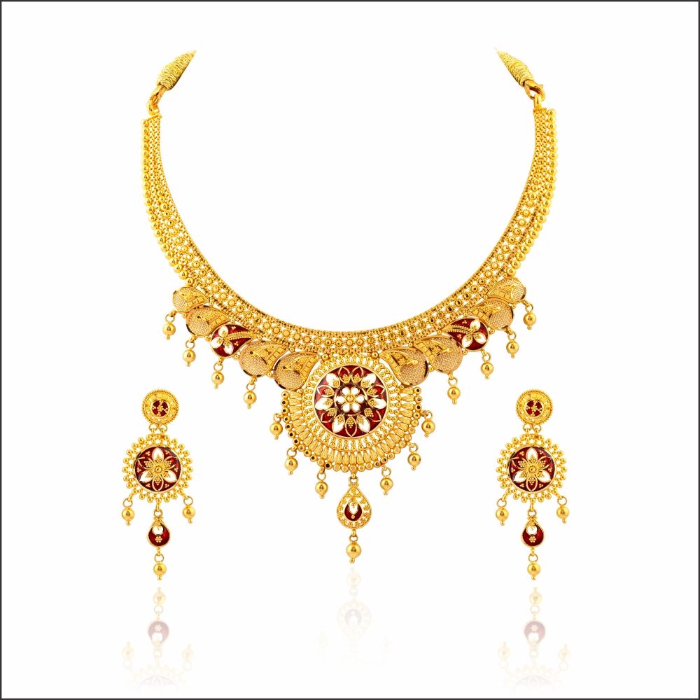 Aisshpra Gold Necklace Set in 22 Kt Kolkata Style Meena Design Wedding Jewellery for Women