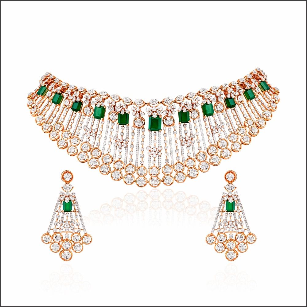 Aisshpra Emerald Rose Gold Diamond Necklace Set in 14 Kt Wedding Jewellery for Women