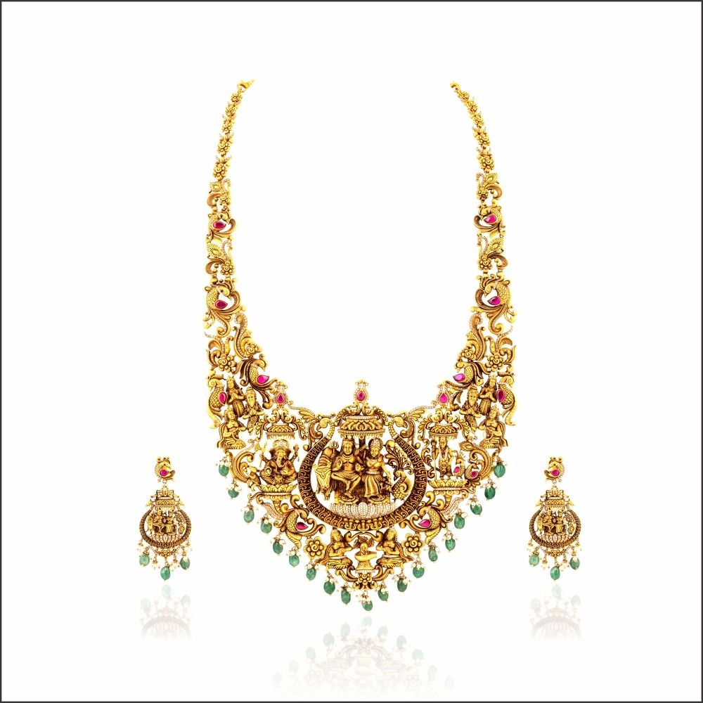 Aisshpra Temple Design Gold Necklace Set in 22 Kt Bridal Wedding Jewellery