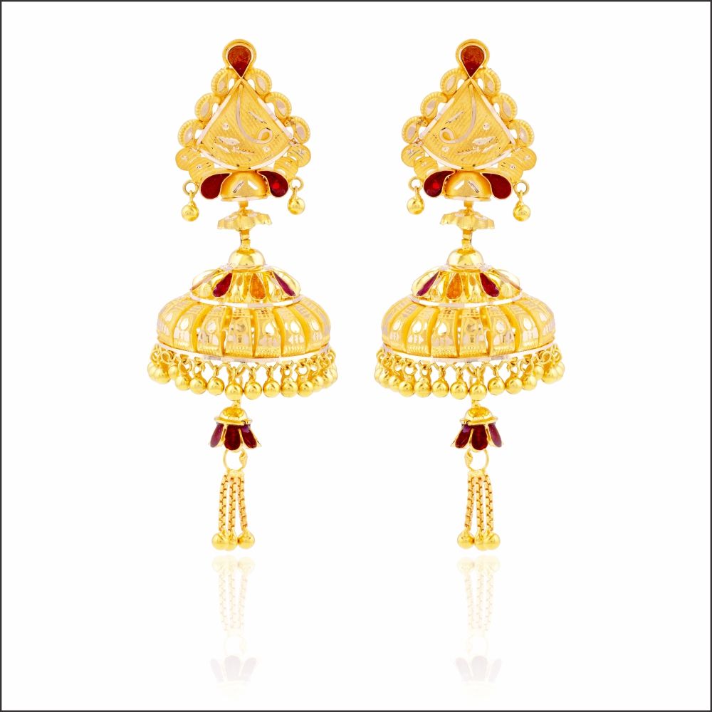 Aisshpra Gold Jhumka Earrings in 18 Kt Meena Design Traditional Wear Jewellery for Women