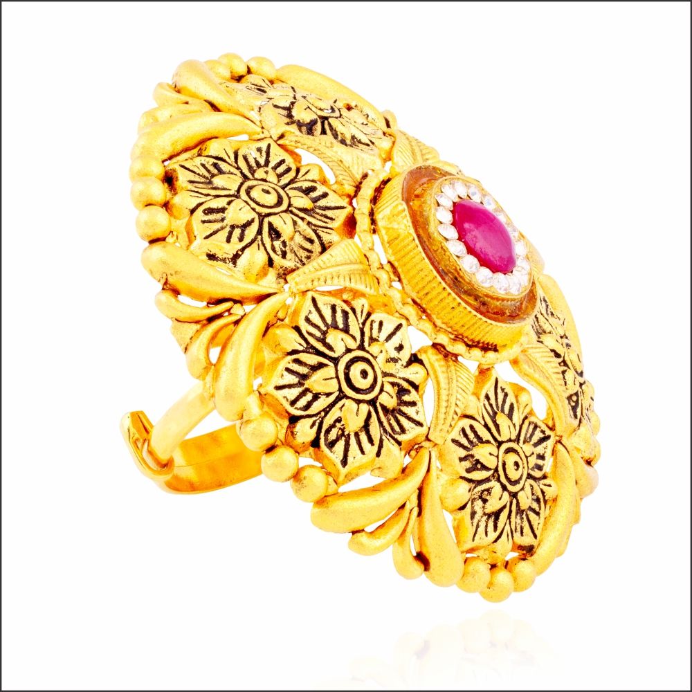 Aisshpra Gold Cocktail Ring in 18 Kt Traditional Meena Design Wedding Jewellery for Women
