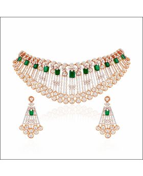 Aisshpra Emerald Rose Gold Diamond Necklace Set in 14 Kt Wedding Jewellery for Women