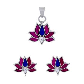 Blooming Lotus Design Silver Pendant Set