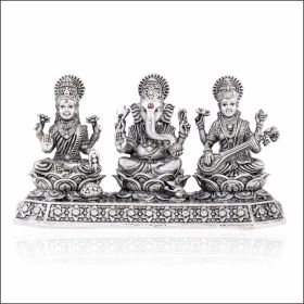 Divine Trinity Lord Lakshmi Ganesh Saraswati Silver Idol