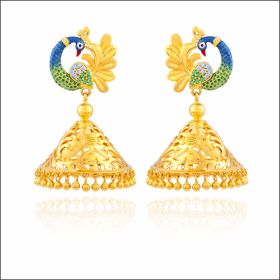 Vibrant Peacock Motif Gold Jhumka Earrings